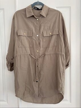 ZARA Women Sand Beige Taupe Adjustable Waist Overshirt Loose size S
